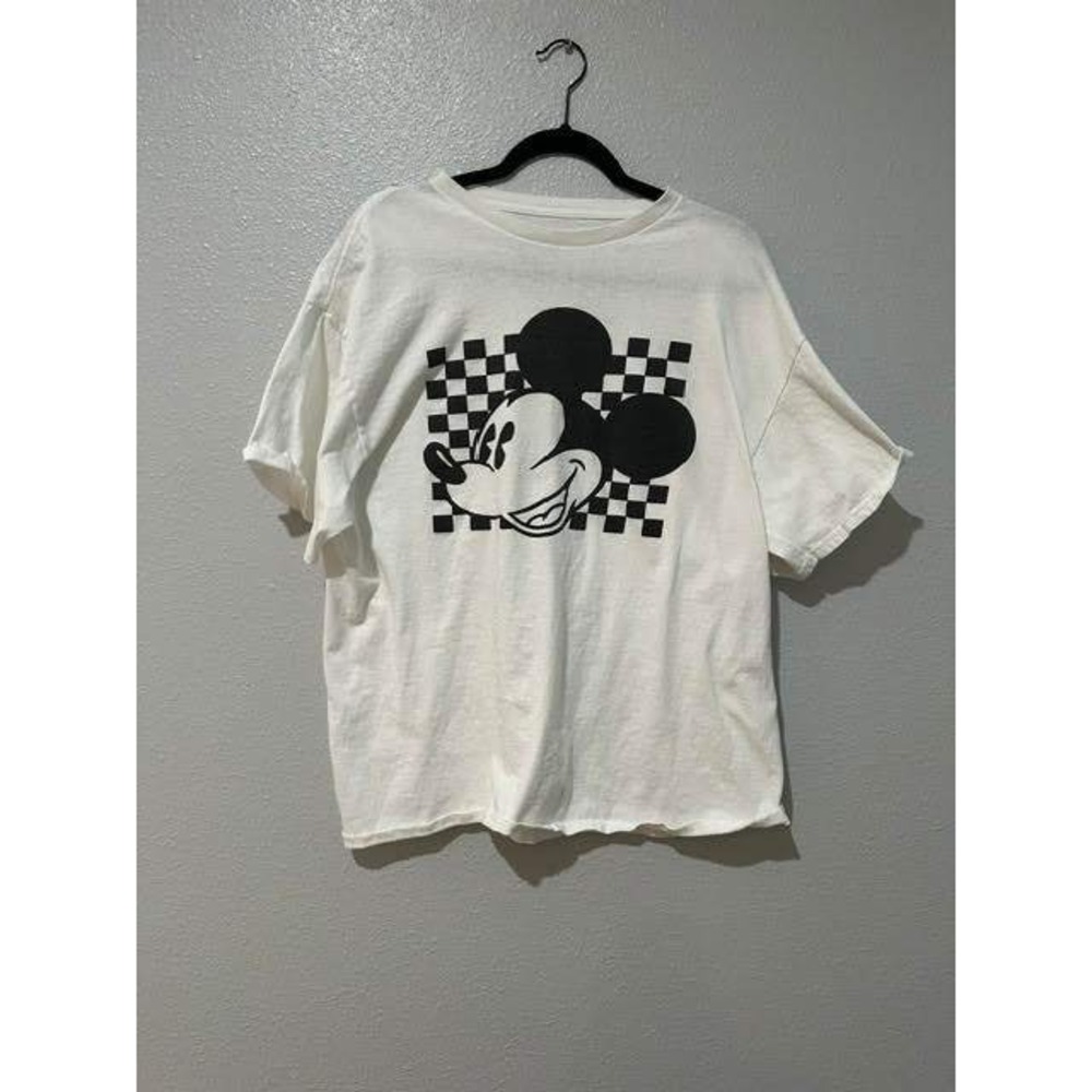 Disney Mickey Mouse Graphic T-Shirt White Checkered Oversized XL Short Sleeve